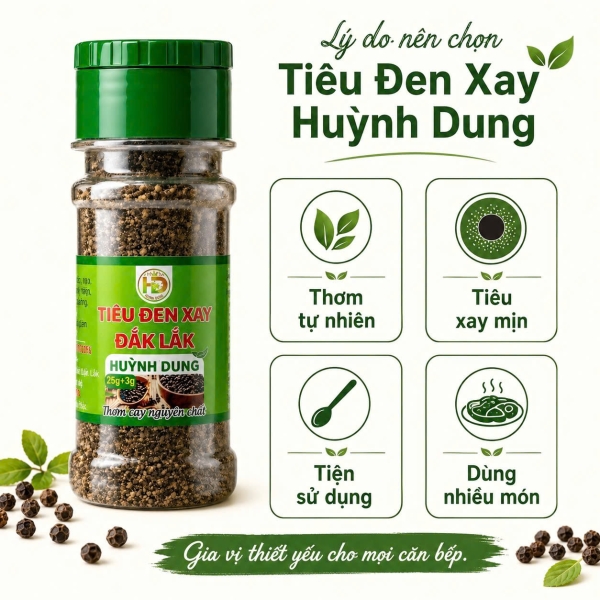 Tiêu Đen Xay Đắk Lắk Huỳnh Dung 25g – Thơm Cay Tự Nhiên, Xay Sẵn Tiện Lợi