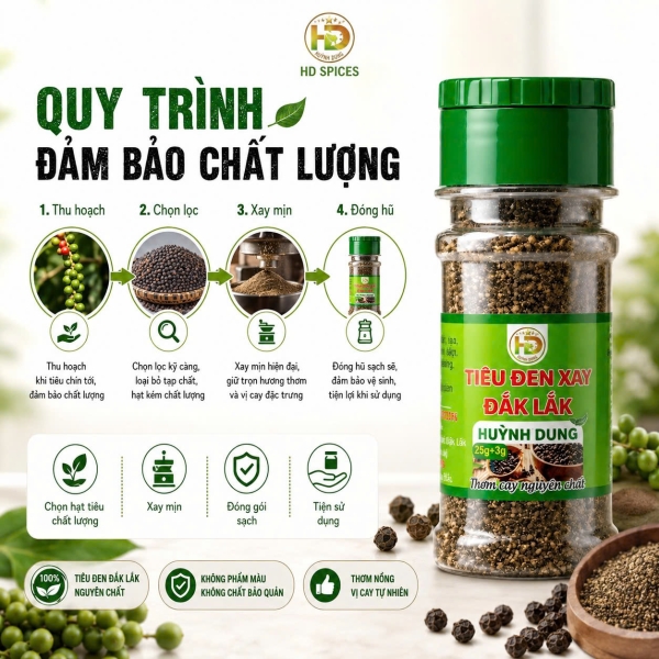 Tiêu Đen Xay Đắk Lắk Huỳnh Dung 25g – Thơm Cay Tự Nhiên, Xay Sẵn Tiện Lợi