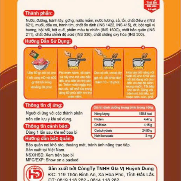 Gia Vị Bò Kho / Xốt Vang HD 80g – Nấu Bò Kho Thơm Ngon, Đậm Vị, Tiện Lợi Tại Nhà