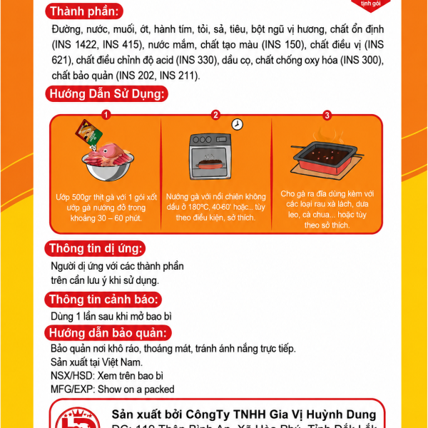 Xốt Gia Vị Tiện Lợi Ướp Gà Nướng Huỳnh Dung (Gói 80g) - Lên Màu Vàng Óng, Thấm Vị Nhanh