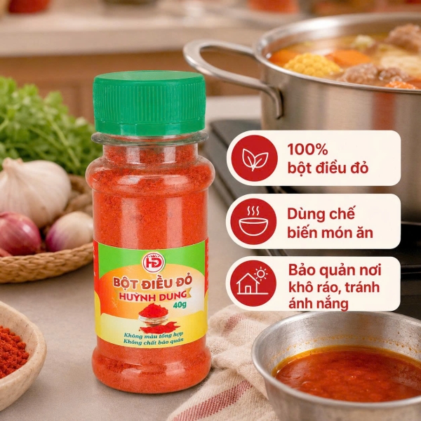 BỘT ĐIỀU ĐỎ HUỲNH DUNG 40G – GIA VỊ TẠO MÀU ĐẸP CHO MÓN ĂN