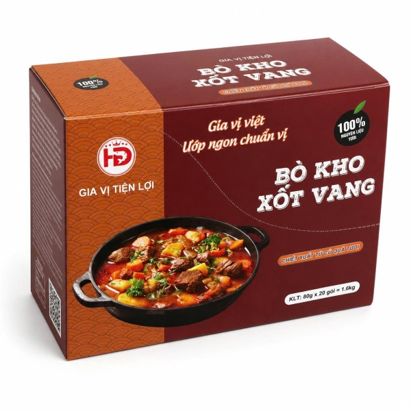 Gia Vị Bò Kho Xốt Vang HD 80g Hộp 20 Gói – Giải Pháp Nhập Sỉ Cho Quán Ăn, Tạp Hóa Và Điểm Bán Thực Phẩm
