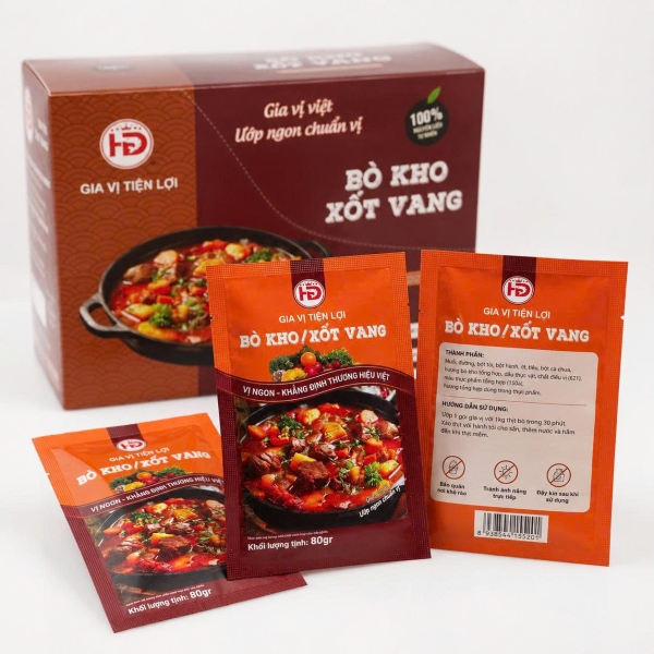 Gia Vị Bò Kho Xốt Vang HD 80g Hộp 20 Gói – Giải Pháp Nhập Sỉ Cho Quán Ăn, Tạp Hóa Và Điểm Bán Thực Phẩm