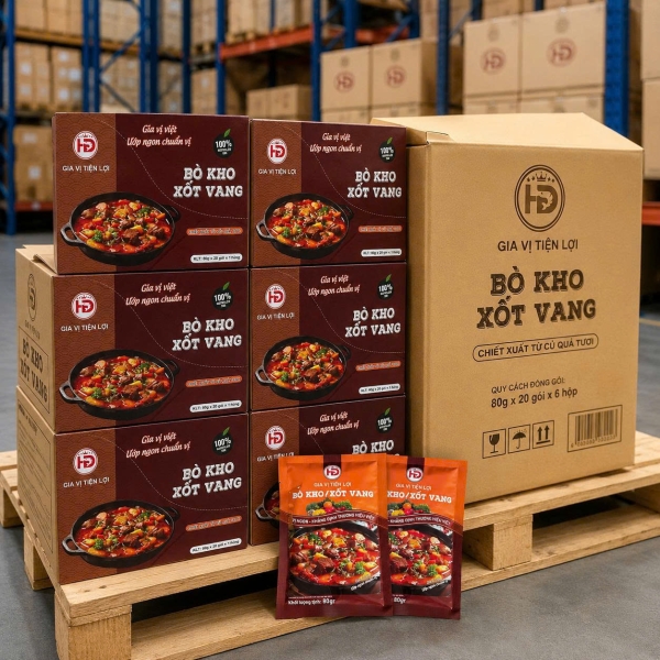 Gia Vị Bò Kho Xốt Vang HD 80g Hộp 20 Gói – Giải Pháp Nhập Sỉ Cho Quán Ăn, Tạp Hóa Và Điểm Bán Thực Phẩm