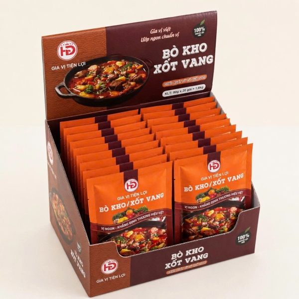 Gia Vị Bò Kho Xốt Vang HD 80g Hộp 20 Gói – Giải Pháp Nhập Sỉ Cho Quán Ăn, Tạp Hóa Và Điểm Bán Thực Phẩm