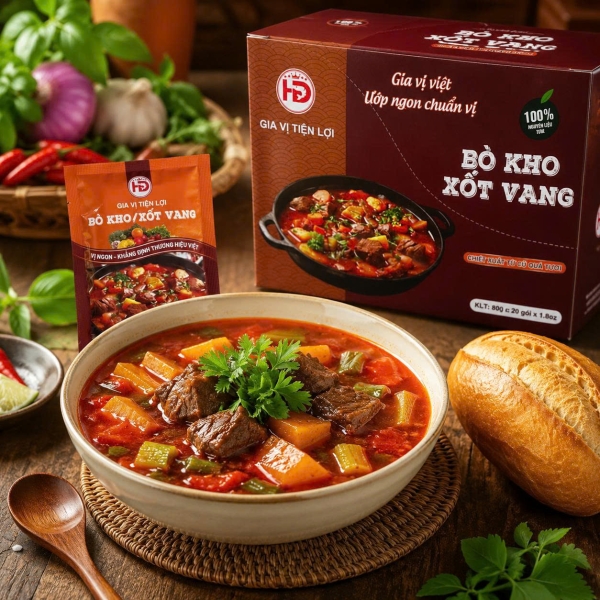 Gia Vị Bò Kho Xốt Vang HD 80g Hộp 20 Gói – Giải Pháp Nhập Sỉ Cho Quán Ăn, Tạp Hóa Và Điểm Bán Thực Phẩm