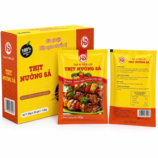 Sỉ Xốt Ướp Thịt Nướng Sả HD 80g Hộp 20 Gói – Gia Vị Ướp Thịt Cho Tạp Hóa, Quán Ăn Và Đại Lý