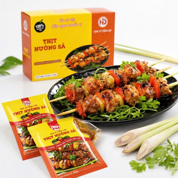 Sỉ Xốt Ướp Thịt Nướng Sả HD 80g Hộp 20 Gói – Gia Vị Ướp Thịt Cho Tạp Hóa, Quán Ăn Và Đại Lý