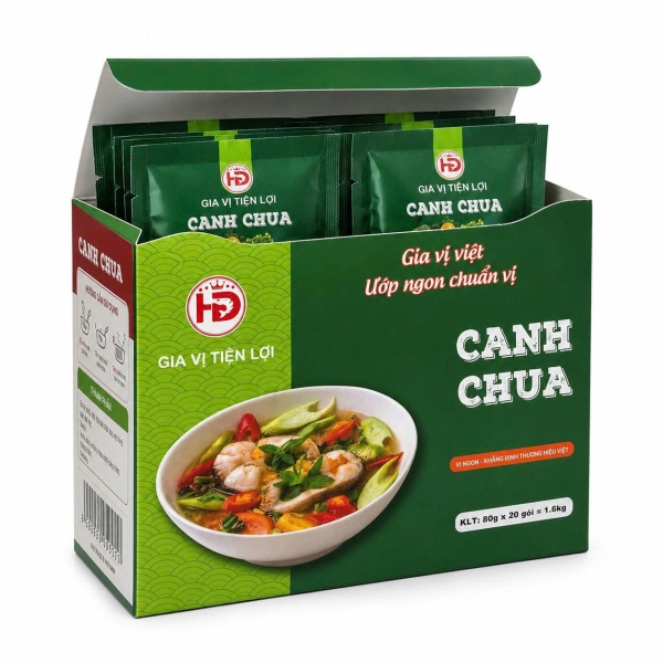 Sỉ Xốt Canh Chua HD 80g Hộp 20 Gói – Gia Vị Tiện Lợi Cho Tạp Hóa, Quán Ăn Và Đại Lý