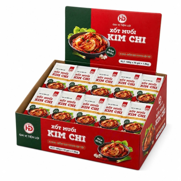 Xốt Muối Kim Chi HD 180g Hộp 10 Gói – Gia Vị Tiện Lợi Cho Quán Ăn, Tạp Hóa Và Điểm Bán Món Hàn