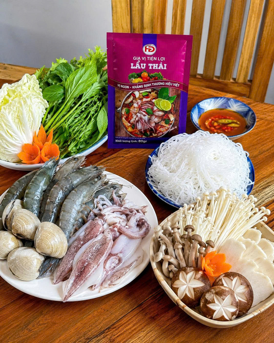 nguyên liệu nấu lẩu thái bằng gói lẩu thái HD