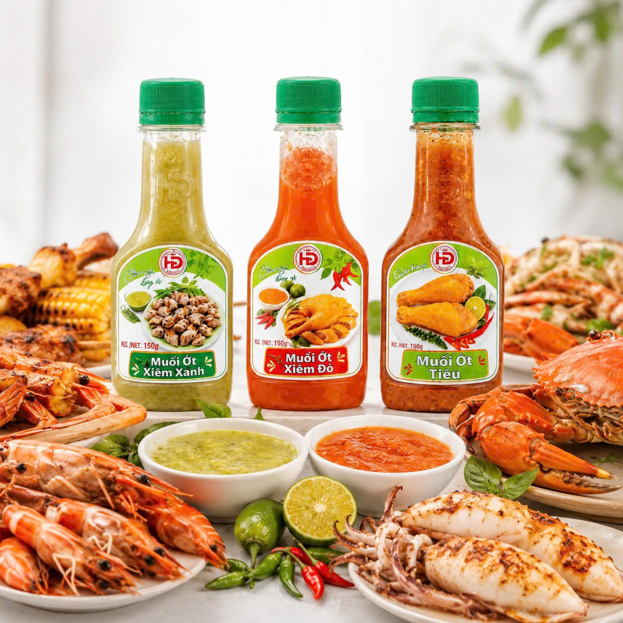 Các loại muối chấm hải sản HD Spices vị xanh đỏ và tiêu