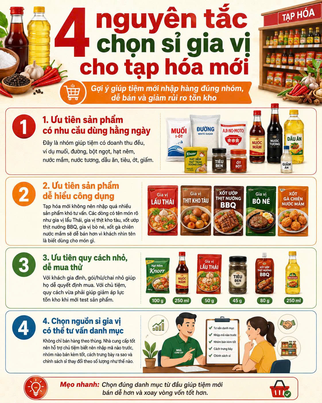 nguyên tắc chọn sỉ gia vị cho tạp hóa