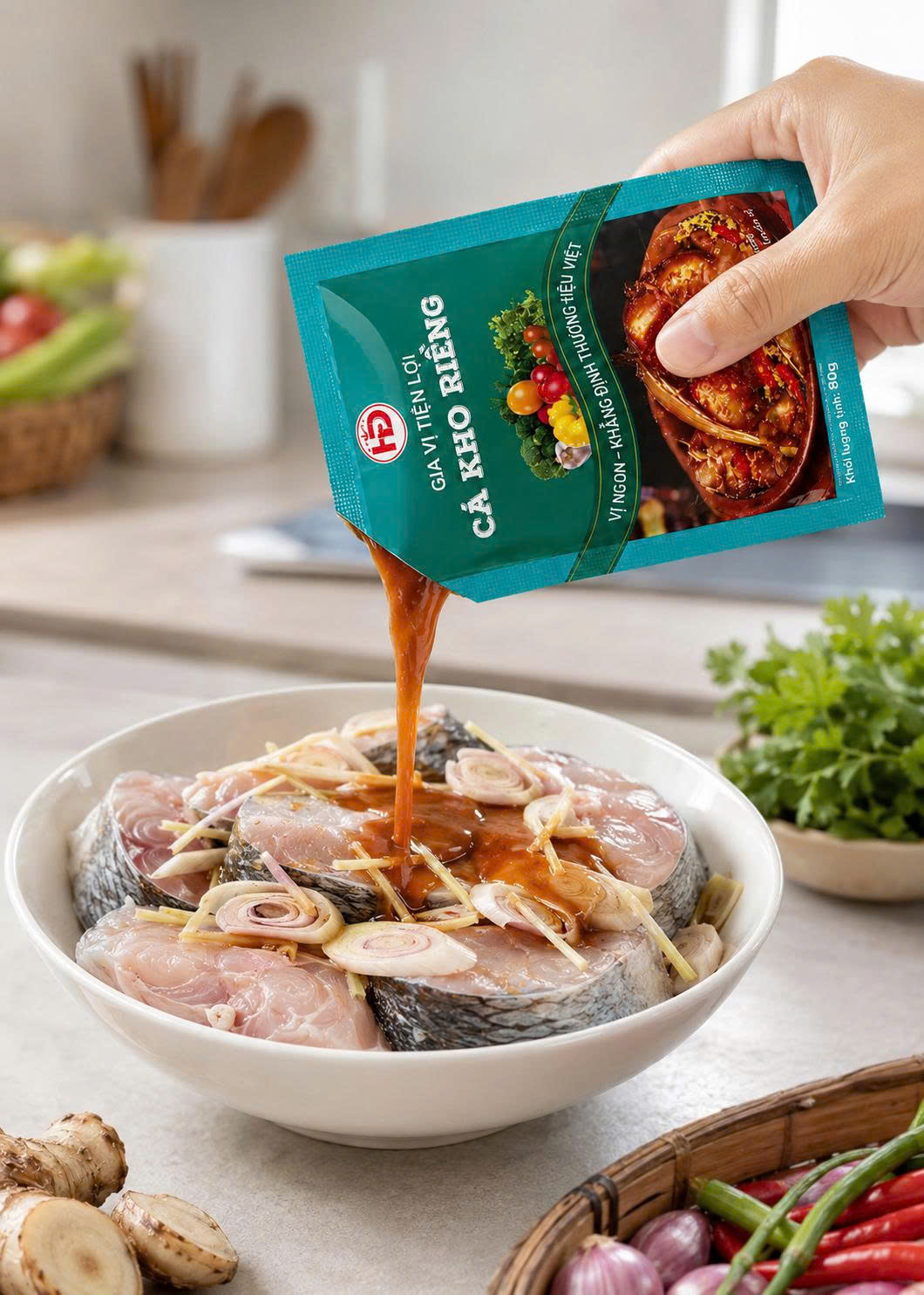 cách ướp cá trắm kho riềng bằng xốt HD Spices