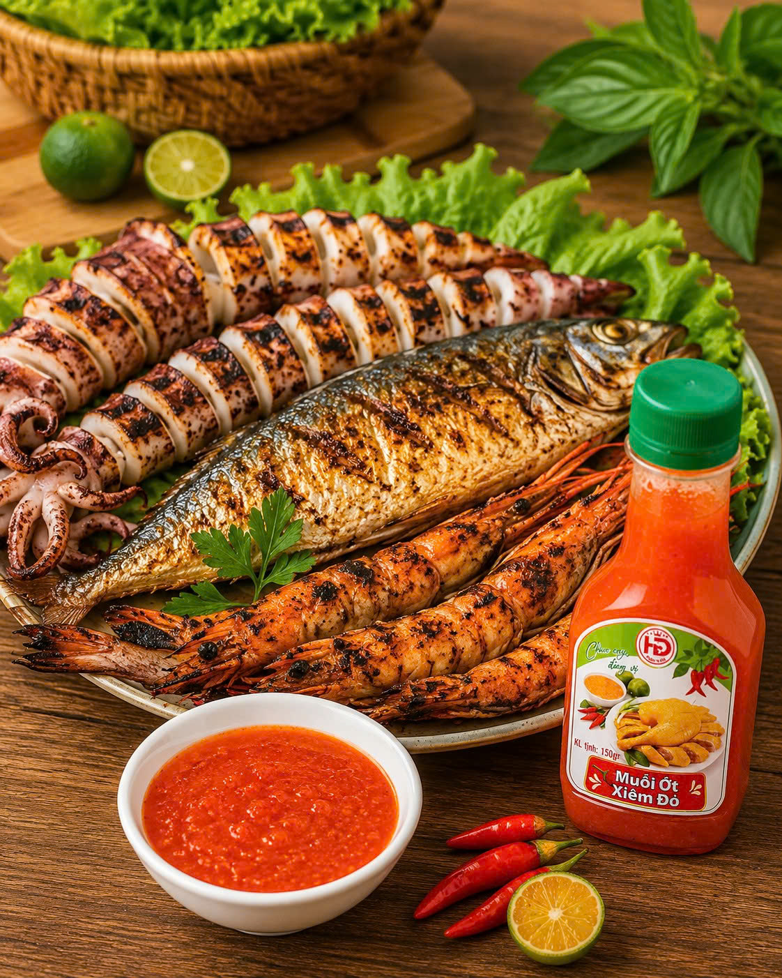 muối ớt đỏ chấm hải sản nướng mực cá tôm